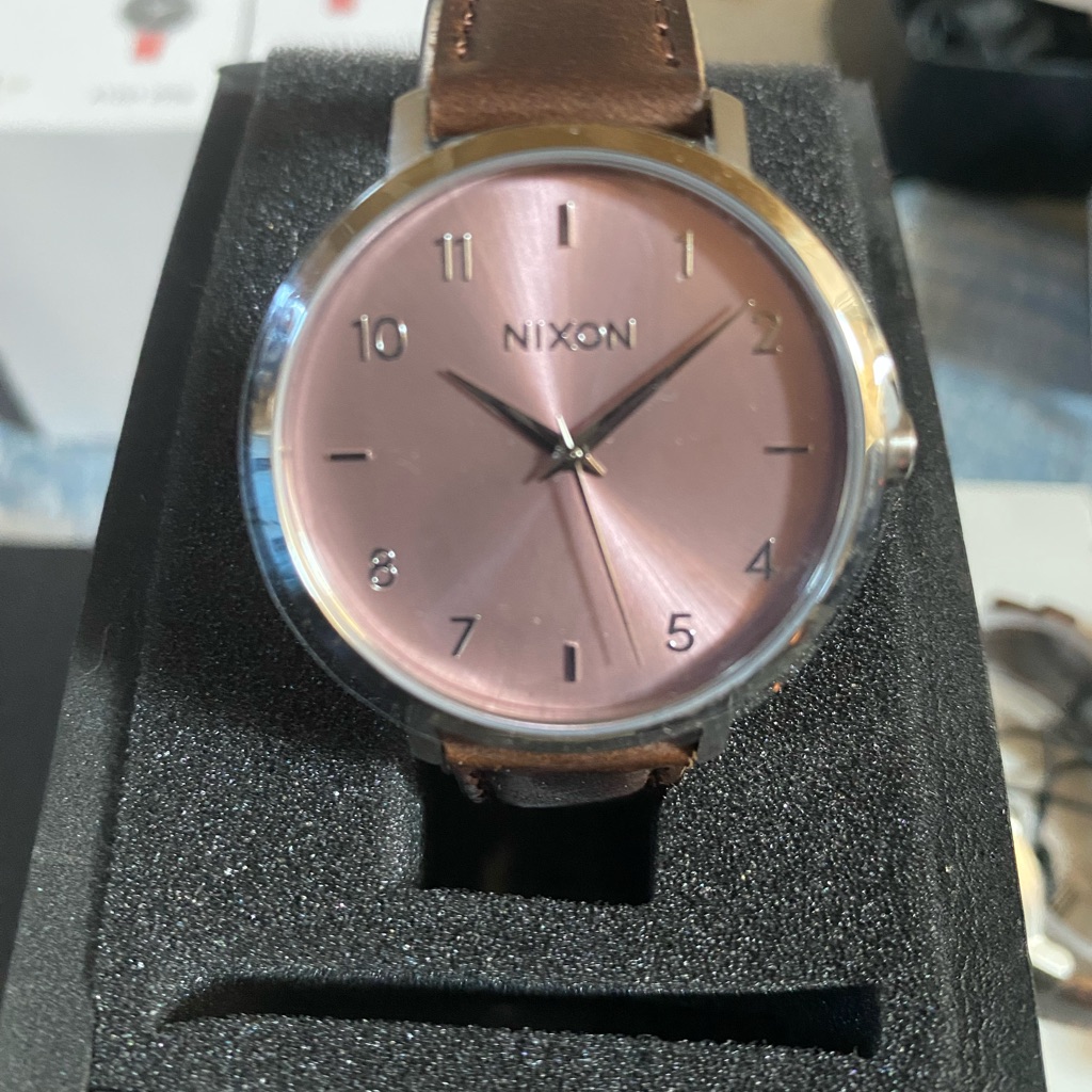 Nixon Silver Watch With Lavender Dial And Brown Leather Strap 90$